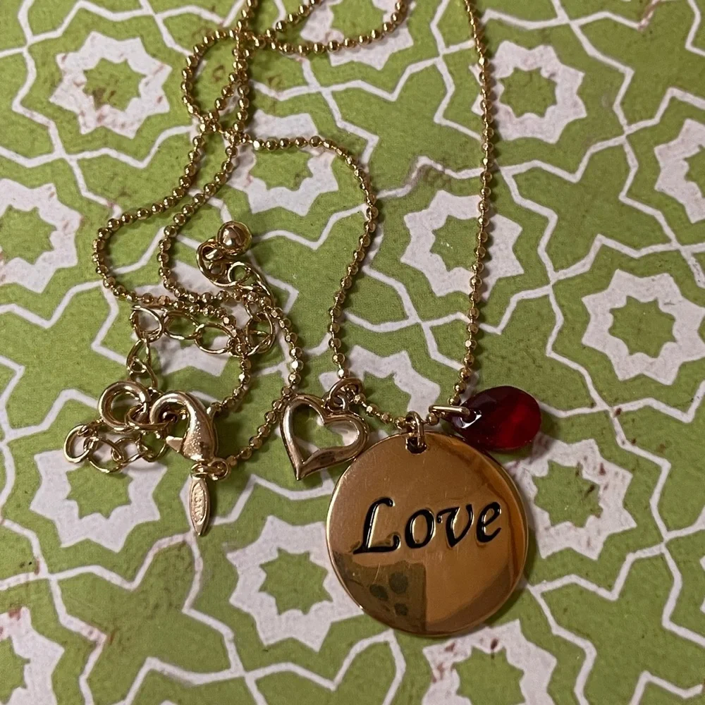 AVON “Love” Necklace – Gold Tone Pendant with Heart & Garnet Color Gem Drop